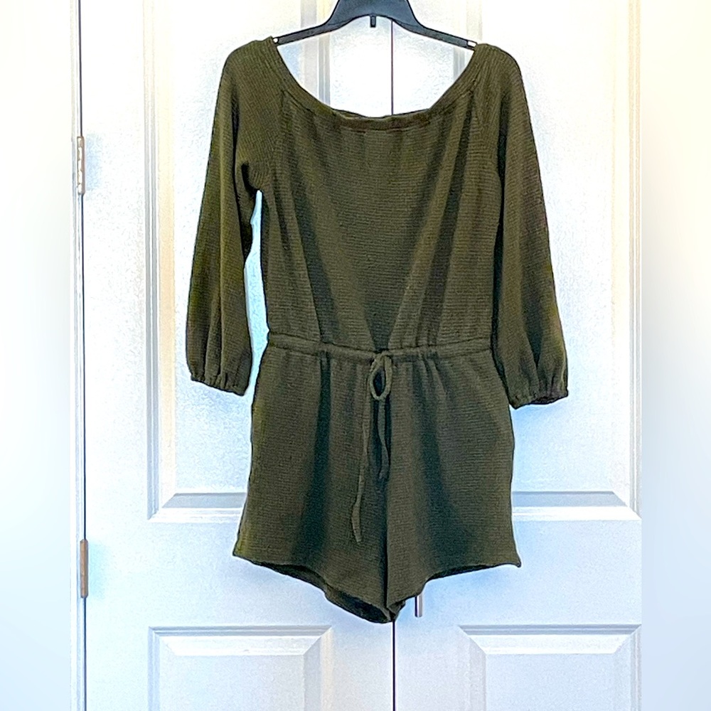 Green Waffle Knit Long Sleeve Jumper with Elastic Tie Waistband! Lightweight!